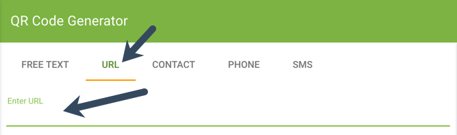 Screenshot of QR code generating website. Arrows point to the 'URL' tab and the field in which users should type the URL.