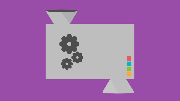 Illustration of an input/output machine with gears and colorful buttons.