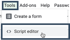 Screenshot of the tools menu in Google Sheets with a cursor hovering over the Script editor option