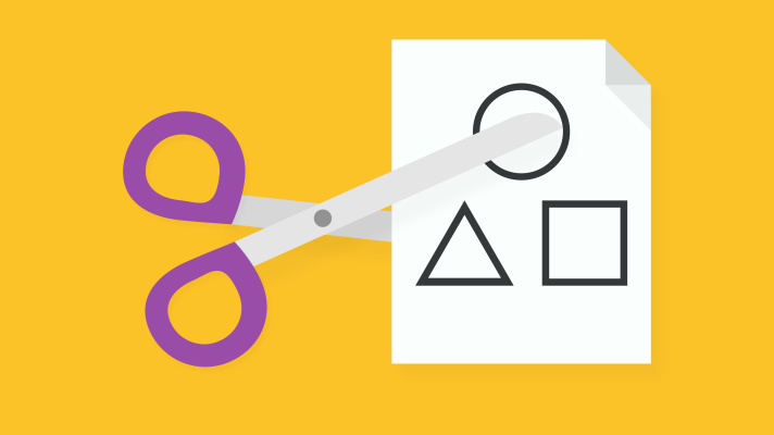 Illustration of a pair of scissors cutting a piece of paper with shapes on it