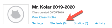 Screenshot of the entry for a sample class with an arrow pointing to the "Students" link