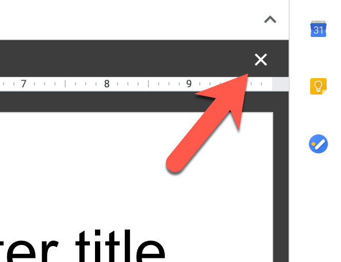 Screenshot of the X used to close the master view with an arrow pointing towards it