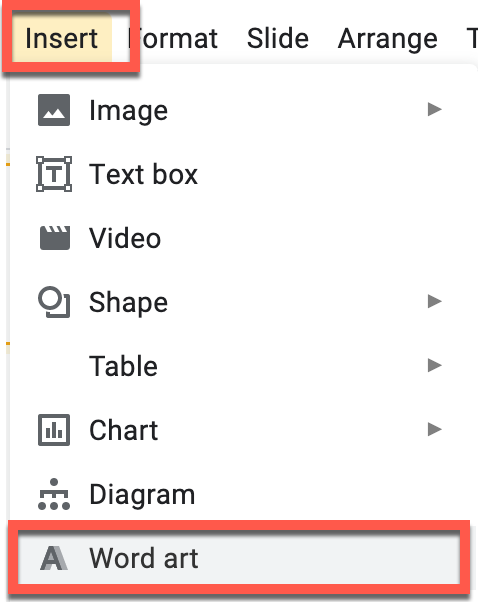 Screenshot of the Insert menu opened with Word art entry highlighted