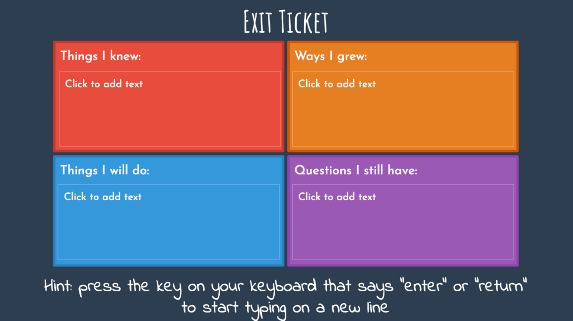 Exit ticket with boxes for 'Things I know', 'Ways I grew', 'Things I will do', and 'Questions I still have'